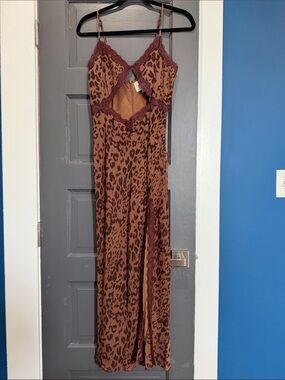 Reformation Annalisa Dress Brown Leopard-Print Maxi Slip Dress with Mauve Lace